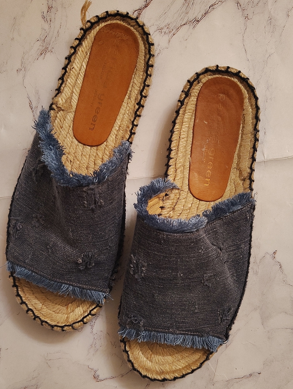 Patricia Green Frayed Denim Espadrille Mules in Blue